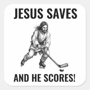 Jesus Räddar och Han Gör Mål - Jesus Hockey Meme Fyrkantigt Klistermärke