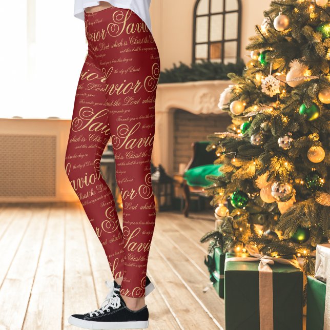 Jesus Red Guld Christian Religiösa julgåva Leggings (Red and Gold religious Christmas leggings. Great gift for Christian women.)