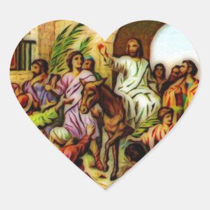 Jesus rider åsnan in i Jerusalem Hjärtformat Klistermärke