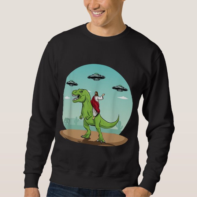 Jesus Riding A Dinosaur Funny Bigfoot UFO Alien Ab Lång Ärmad Tröja (Framsida)