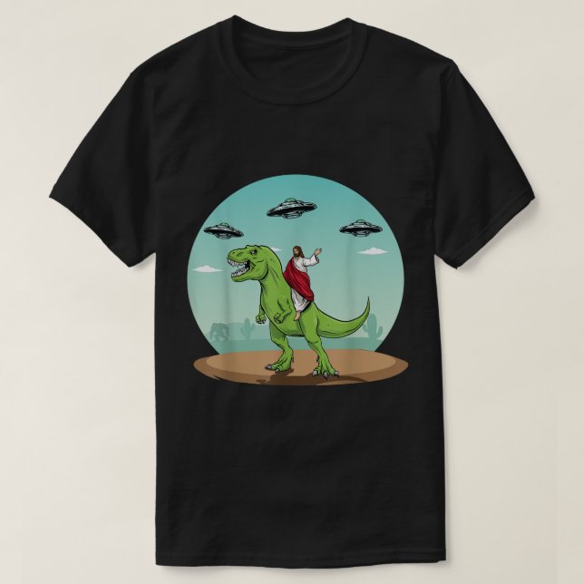 Jesus Riding A Dinosaur Funny Bigfoot UFO Alien Ab T Shirt (Design framsida)