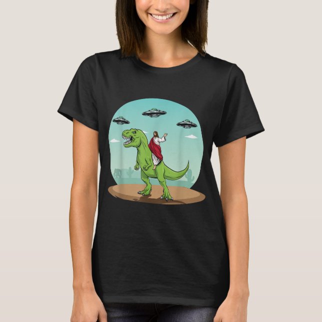 Jesus Riding A Dinosaur Funny Bigfoot UFO Alien Ab T Shirt (Framsida)