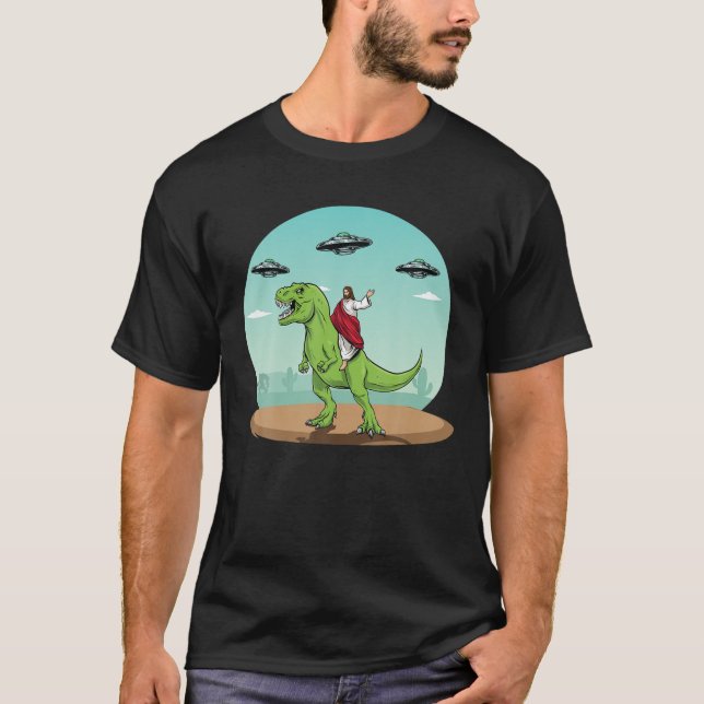 Jesus Riding A Dinosaur Funny Bigfoot UFO Alien Ab T Shirt (Framsida)