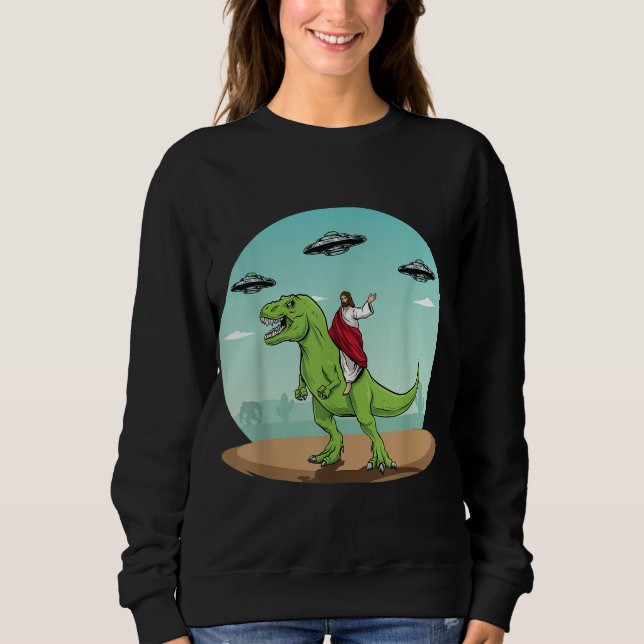 Jesus Riding A Dinosaur Funny Bigfoot UFO Alien Ab T Shirt (Framsida)