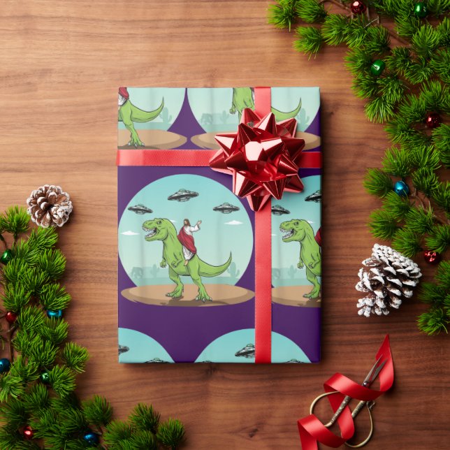 Jesus Riding A Dinosaur Funny Bigfoot UFO Alien Presentpapper (Julgåva)