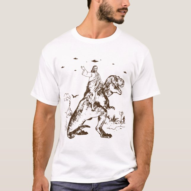 Jesus Riding A Dinosaur Funny UFO Alien Abduction T Shirt (Framsida)