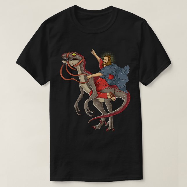 Jesus Riding a Dinosaur Shirt Raptor Dinosaur Paro T Shirt (Design framsida)