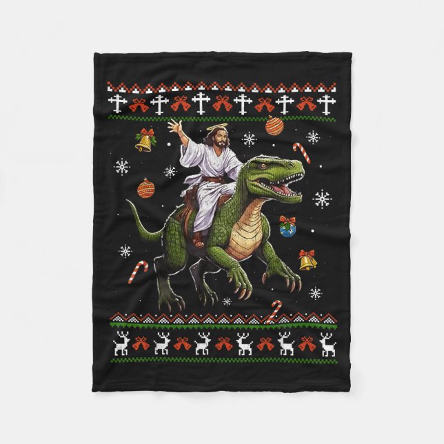 Jesus Riding Dinosaur Funny Meme Ugly Christmas Sw Fleecefilt (Framsidan)