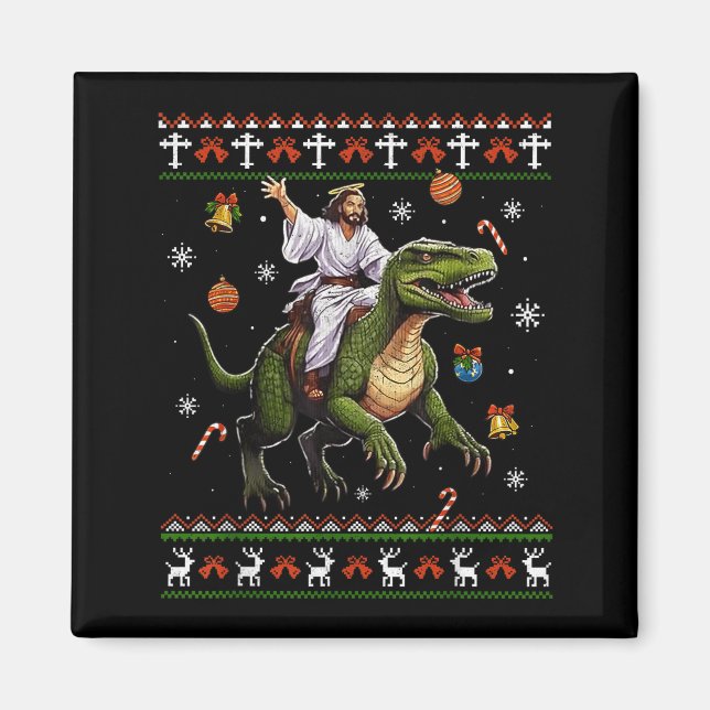 Jesus Riding Dinosaur Funny Meme Ugly Christmas Sw Magnet (Framsidan)