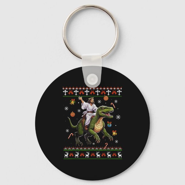 Jesus Riding Dinosaur Funny Meme Ugly Christmas Sw Nyckelring (Framsida)