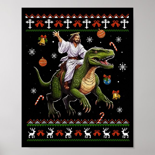Jesus Riding Dinosaur Funny Meme Ugly Christmas Sw Poster (Framsidan)