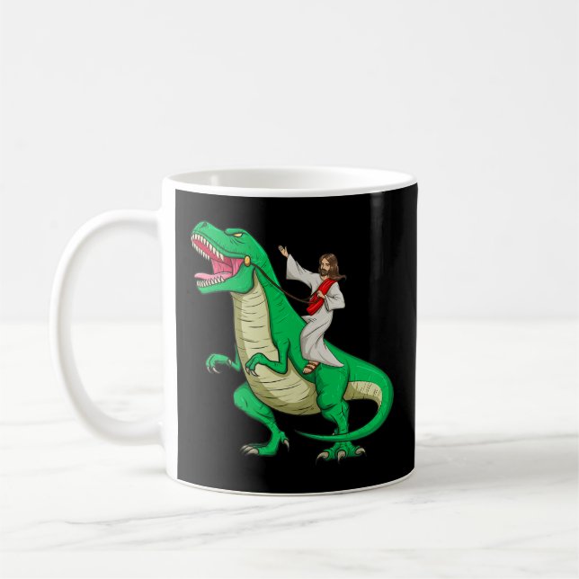 Jesus Riding Dinosaur Funny Parody Tyrannosaurus R Kaffemugg (Vänster)