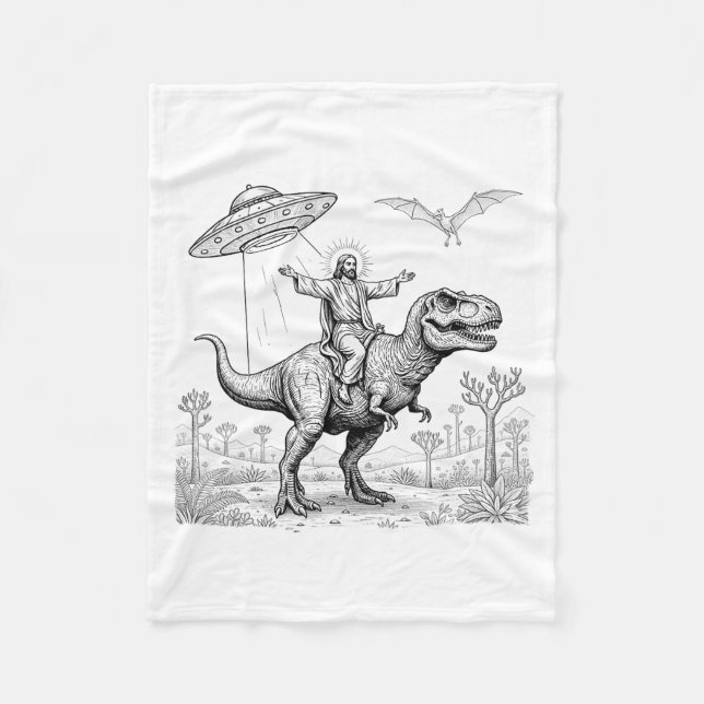 Jesus Riding Dinosaur T-rex Ufo Hunting Alien Sci- Fleecefilt (Framsidan)