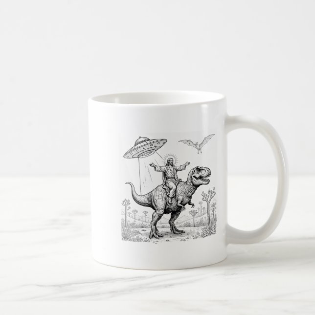 Jesus Riding Dinosaur T-rex Ufo Hunting Alien Sci- Kaffemugg (Höger)
