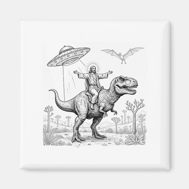 Jesus Riding Dinosaur T-rex Ufo Hunting Alien Sci- Magnet (Framsidan)