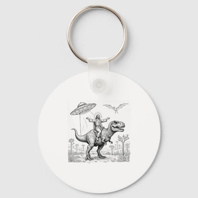 Jesus Riding Dinosaur T-rex Ufo Hunting Alien Sci- Nyckelring (Framsida)