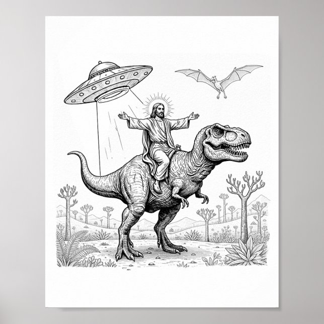 Jesus Riding Dinosaur T-rex Ufo Hunting Alien Sci- Poster (Framsidan)