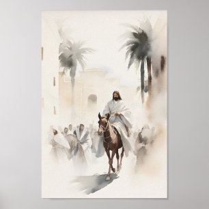 Jesus Riding in Jerusalem Watercolor Art Skriv ut Poster