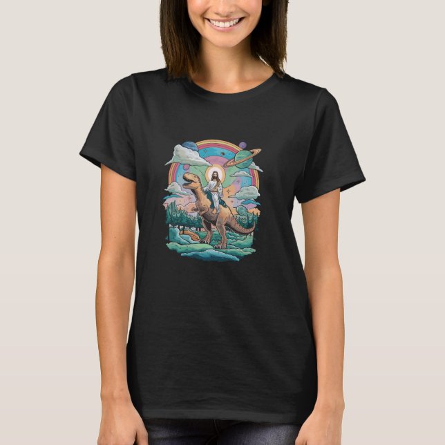 Jesus Riding in Space T-Rex Dinosaur Meme Sci-Fi B T Shirt (Framsida)