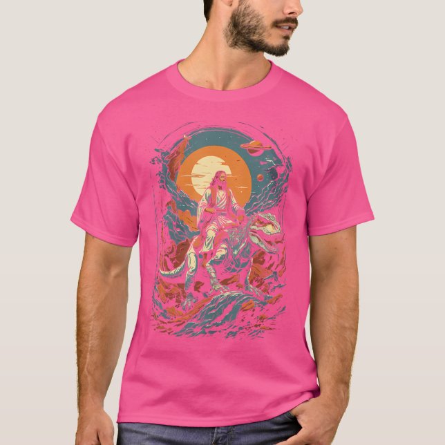 Jesus Riding in Space T-Rex Dinosaur Meme Sci-Fi B T Shirt (Framsida)
