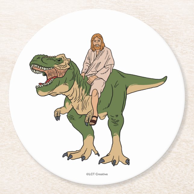 Jesus Riding T-Rex Underlägg Papper Rund (Framsidan)