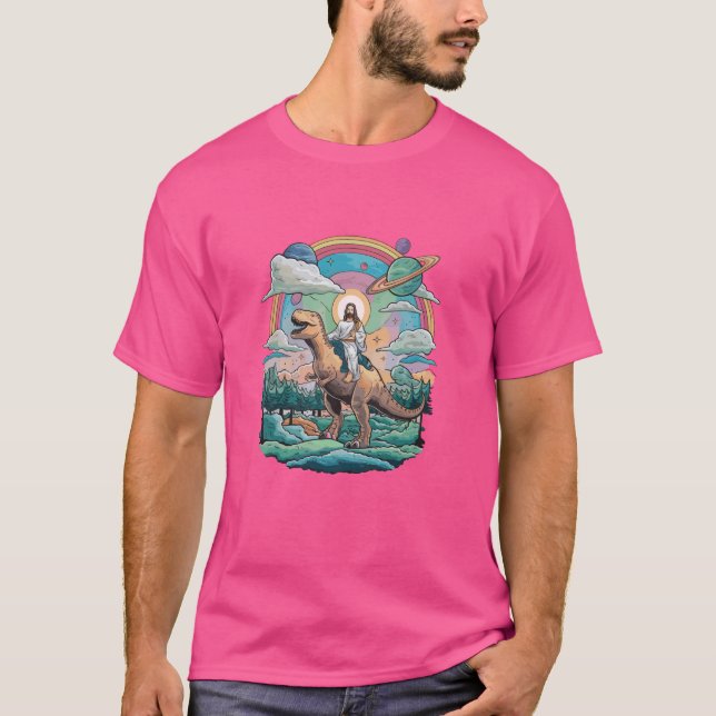 Jesus Ridning i Rymden T-Rex Dinosaurie Meme Sci-F T Shirt (Framsida)