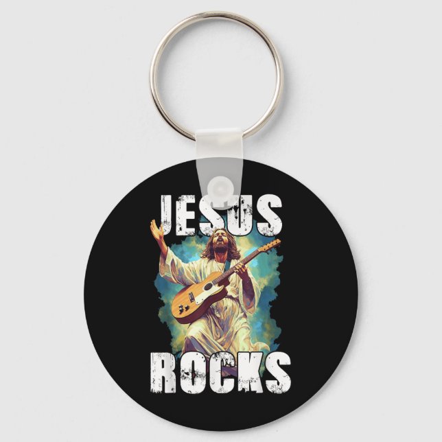 Jesus rockar med gitarr - Roligt kristet rock C Nyckelring (Framsida)
