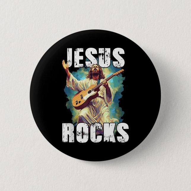 Jesus rockar med gitarr - Roligt kristet rockkyrka Knapp (Framsida)
