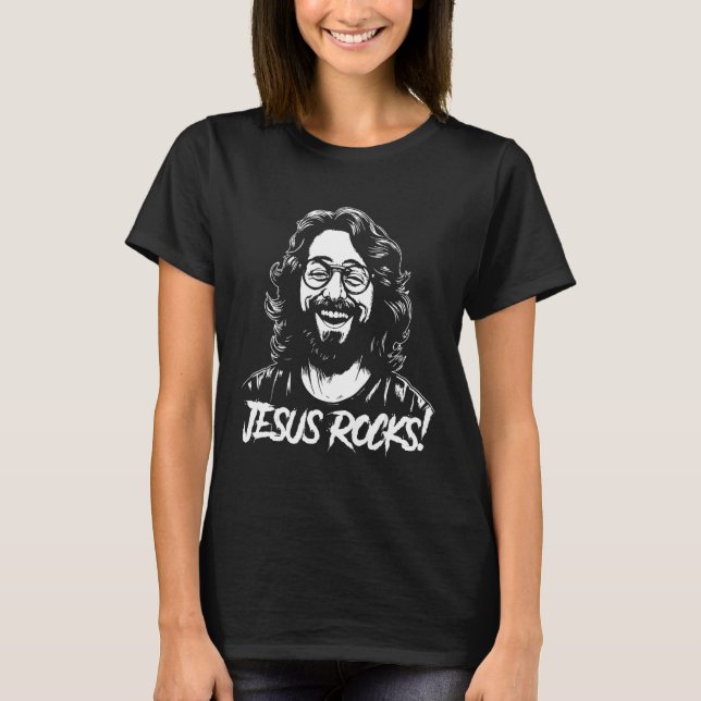 Jesus Rocks  Musician Rocker Christ T Shirt (Framsida)