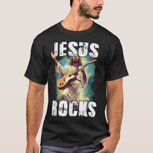 Jesus Rocks With Guitar - Funny Christian Rocks Ch T Shirt (Framsida)