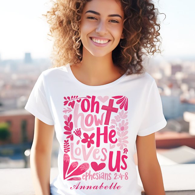 Jesus Rosa Kärlek USA Kvinnonamn för Påsk T Shirt (Jesus Pink He Loves Us Easter Women's Custom Name T-Shirt)