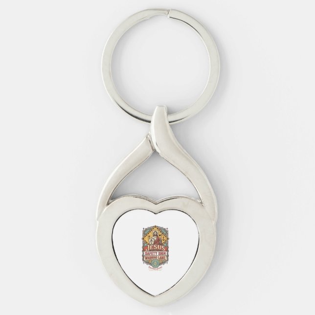 Jesus Säkerhetsskylt Varningsdekal Jesus Säkerhets Twisted Heart Silverfärgad Nyckelring (Framsidan)