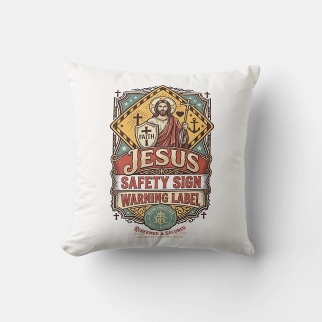 Jesus Säkerhetsskylt Varningslabel Jesus Säkerhets Kudde (Framsida)