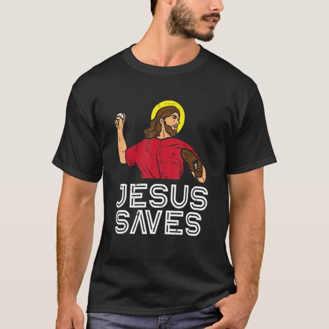 Jesus Saves Baseball Pitcher Religiösa Pro Christi T Shirt (Framsida)