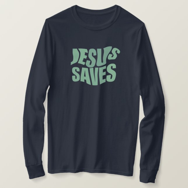 Jesus Saves |Blå utskrift| Grundläggande Långärmad T Shirt (Design framsida)