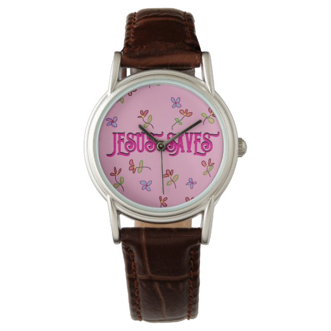 "Jesus Saves" Citat med Blommigt Skriv ut på Rosa Armbandsur (Framsida)