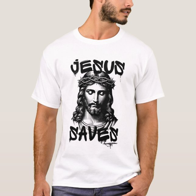 Jesus Saves graffiti stil T Shirt (Framsida)