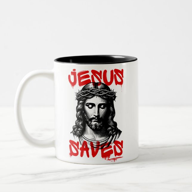 Jesus Saves graffiti stil Två-Tonad Mugg (Vänster)