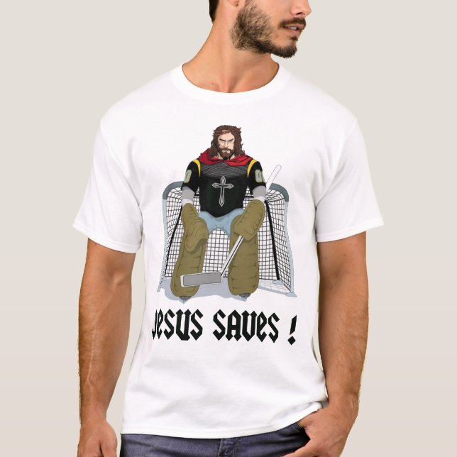Jesus Saves Ice Hockey T Shirt (Framsida)
