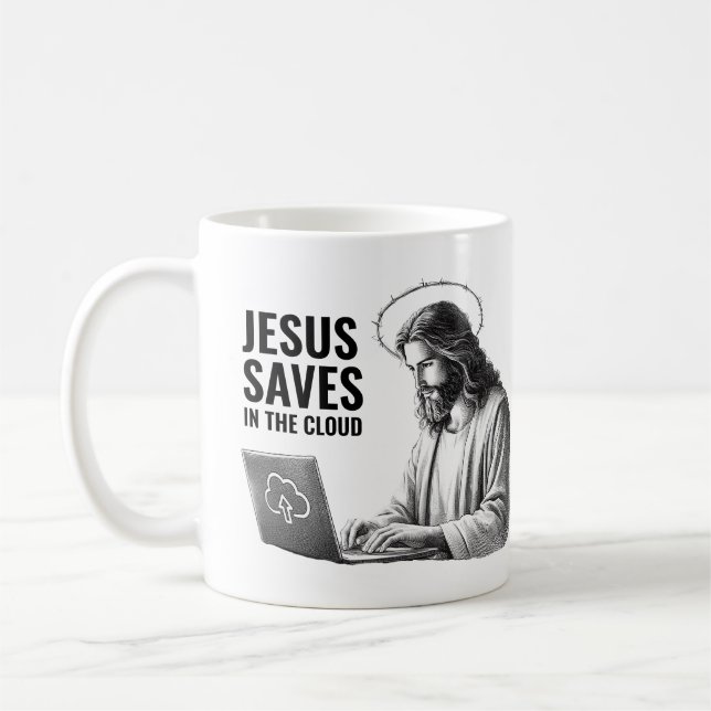 Jesus Saves in the Cloud - Funny Jesus Meme Kaffemugg (Vänster)