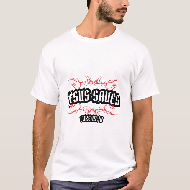 Jesus Saves – Luke 19:10 Christian Shirt T Shirt (Framsida)
