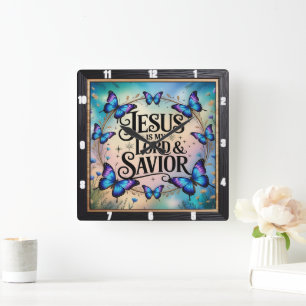 Jesus Savior Blommigt Butterfly Fyrkantig Klocka