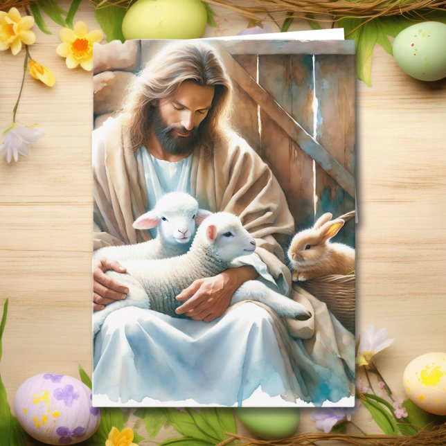 Jesus sitta med Lambs och Bunny | Påsk Kort (Skapare uppladdad)