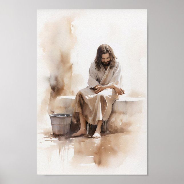 Jesus Sitta vid Watercolor Art-utskrift Poster (Framsidan)