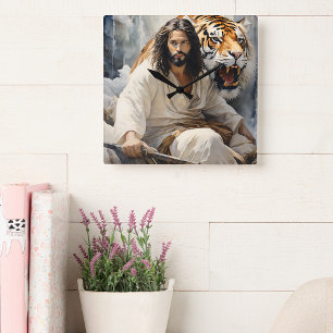 Jesus sitter på sten med tiger fyrkantig klocka