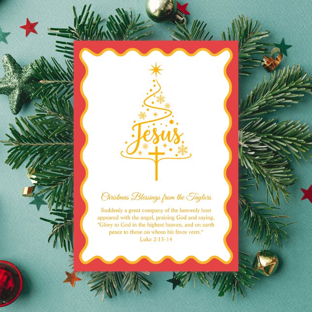 Jesus Skript Julgran Blessingar Julkort (Jesus Script Christmas Tree Card Gold with Luke 2:13–14)