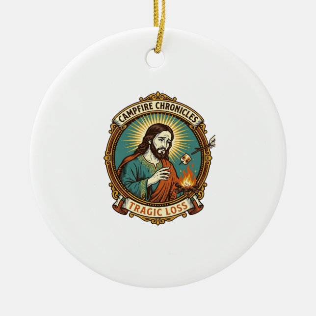 Jesus släppte Marshmallow Campfire Party Fail Humo Julgransprydnad Keramik (Framsidan)