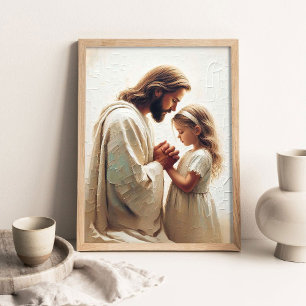 Jesus som ber med flicka, kristen målning, Jesus Poster
