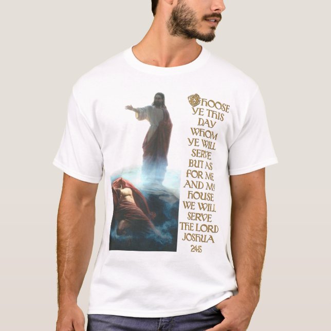 Jesus som besegrar den Satan och Joshua 24:15 T Shirt (Framsida)