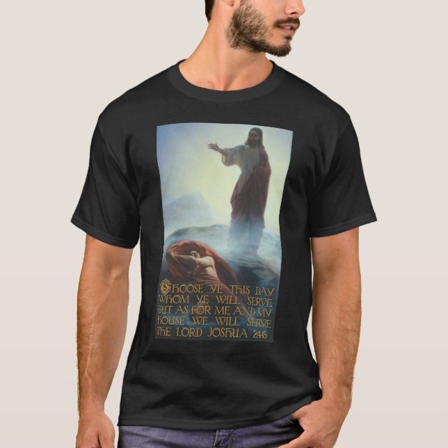 Jesus som besegrar den Satan och Joshua 24:15 Tee Shirt (Framsida)
